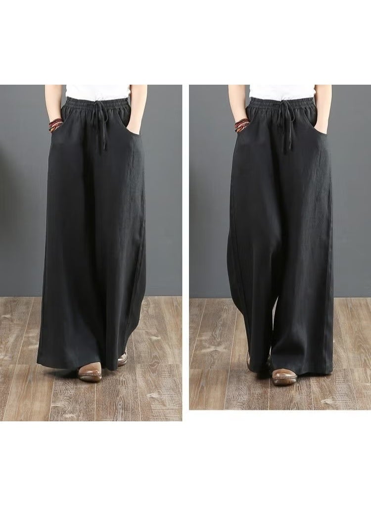 Barbora Linen Casual Trousers with Elastic Waistband and Lace-Up LN12BLACK - Image 3